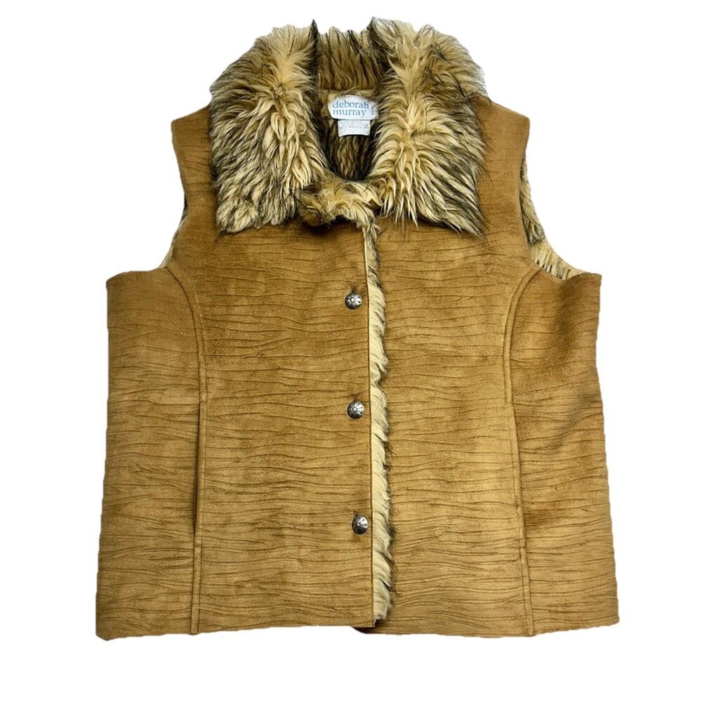 Deborah Murray Vest Womens Large Tan Faux Suede Faux Fur Lining Glam Fashion